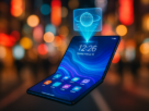 alt_text: Futuristic mobile device with a foldable screen and holographic display in a vibrant urban setting.