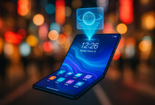 alt_text: Futuristic mobile device with a foldable screen and holographic display in a vibrant urban setting.