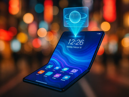 alt_text: Futuristic mobile device with a foldable screen and holographic display in a vibrant urban setting.