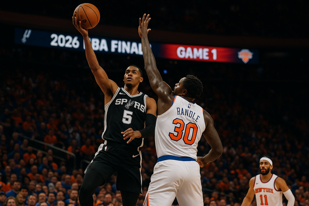 alt_text: Thrilling NBA Finals matchup: Spurs vs. Knicks, showcasing intense gameplay and passionate fans.