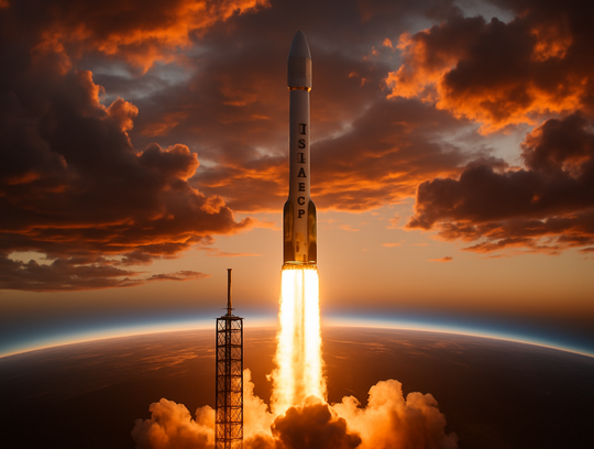 alt_text: A SpaceX rocket launches at sunset, surrounded by dramatic clouds and Earth visible from space.