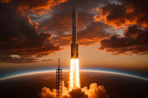alt_text: A SpaceX rocket launches at sunset, surrounded by dramatic clouds and Earth visible from space.